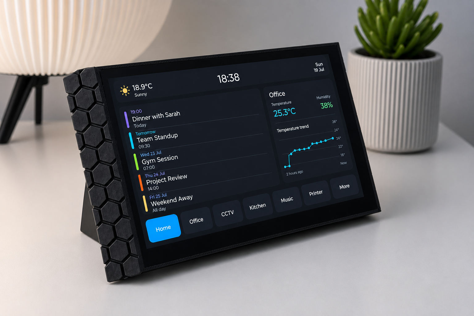 HexPanel 7-inch Home Assistant touchscreen dashboard in a purpose-built enclosure